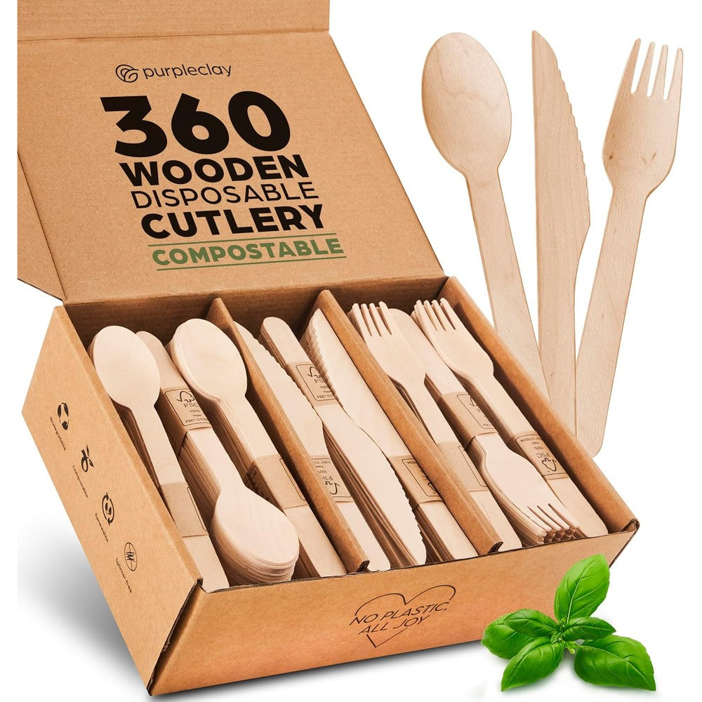 PURPLECLAY Wooden Disposable Utensils Set front view of 360 piece packaging