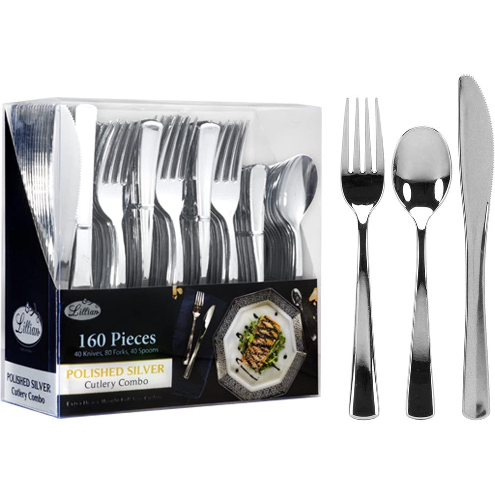Lillian Tablesettings Polished Silver Plastic Cutlery 160 count set front view for elegant wedding catering.