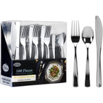 Lillian Tablesettings Polished Silver Plastic Cutlery 160 count set front view for elegant wedding catering.