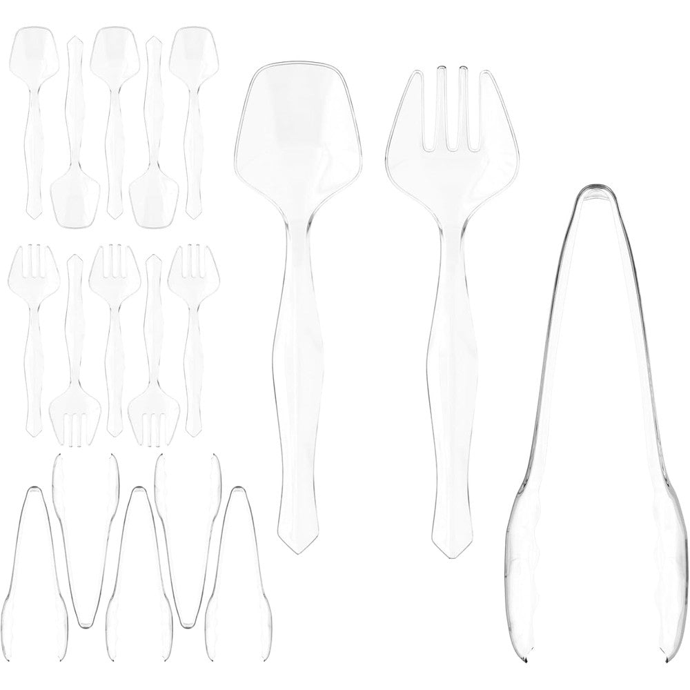 R-kay 18 piece clear plastic serving utensils set front view showing spoons forks and tongs for catering