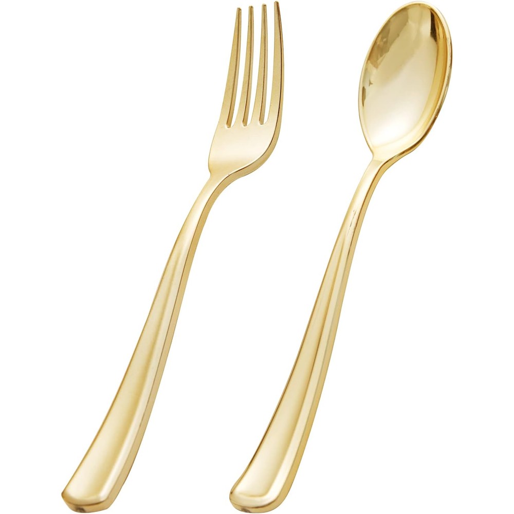 BUCLA 200 piece gold plastic silverware set front packaging view for elegant events