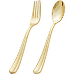 BUCLA 200 piece gold plastic silverware set front packaging view for elegant events