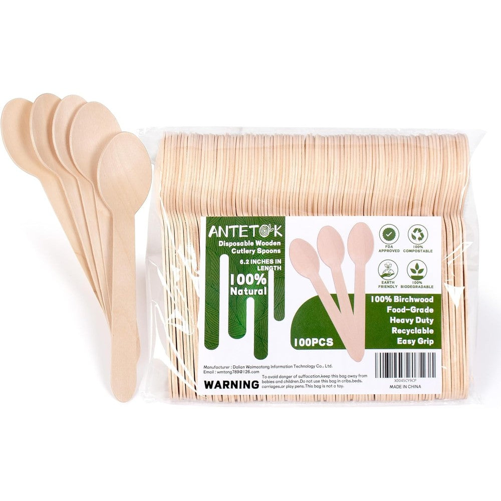 ANTETOK disposable wooden cutlery spoons front view pack of one hundred pieces