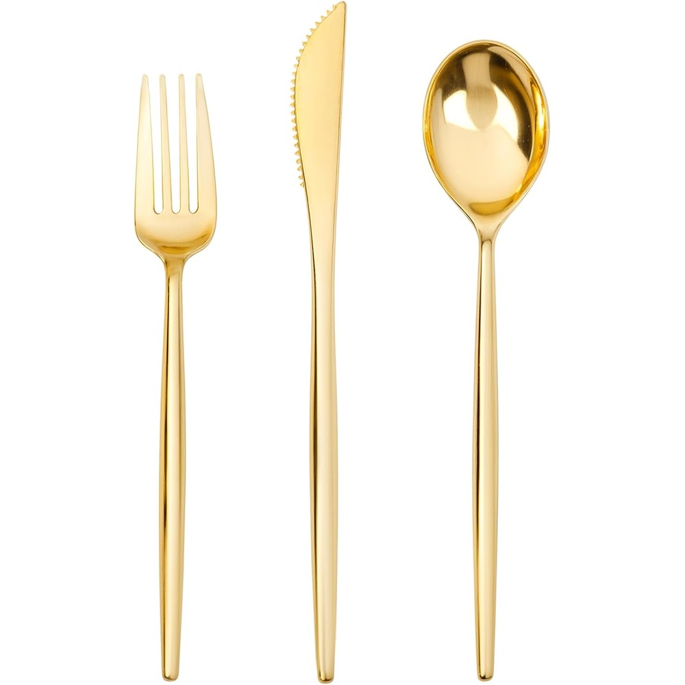 SUT gold plastic silverware set 150 piece packaging box front view showing cutlery arrangement.