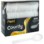 PAMI heavy weight disposable plastic soup spoons front view in bulk pack