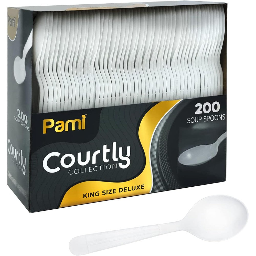 PAMI heavy weight disposable plastic soup spoons front view in bulk pack