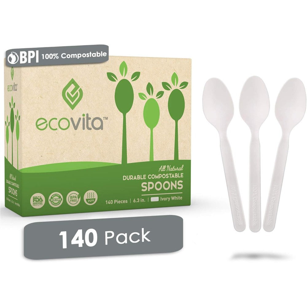 Ecovita Compostable Spoons 140 count pack front view eco friendly catering supplies.