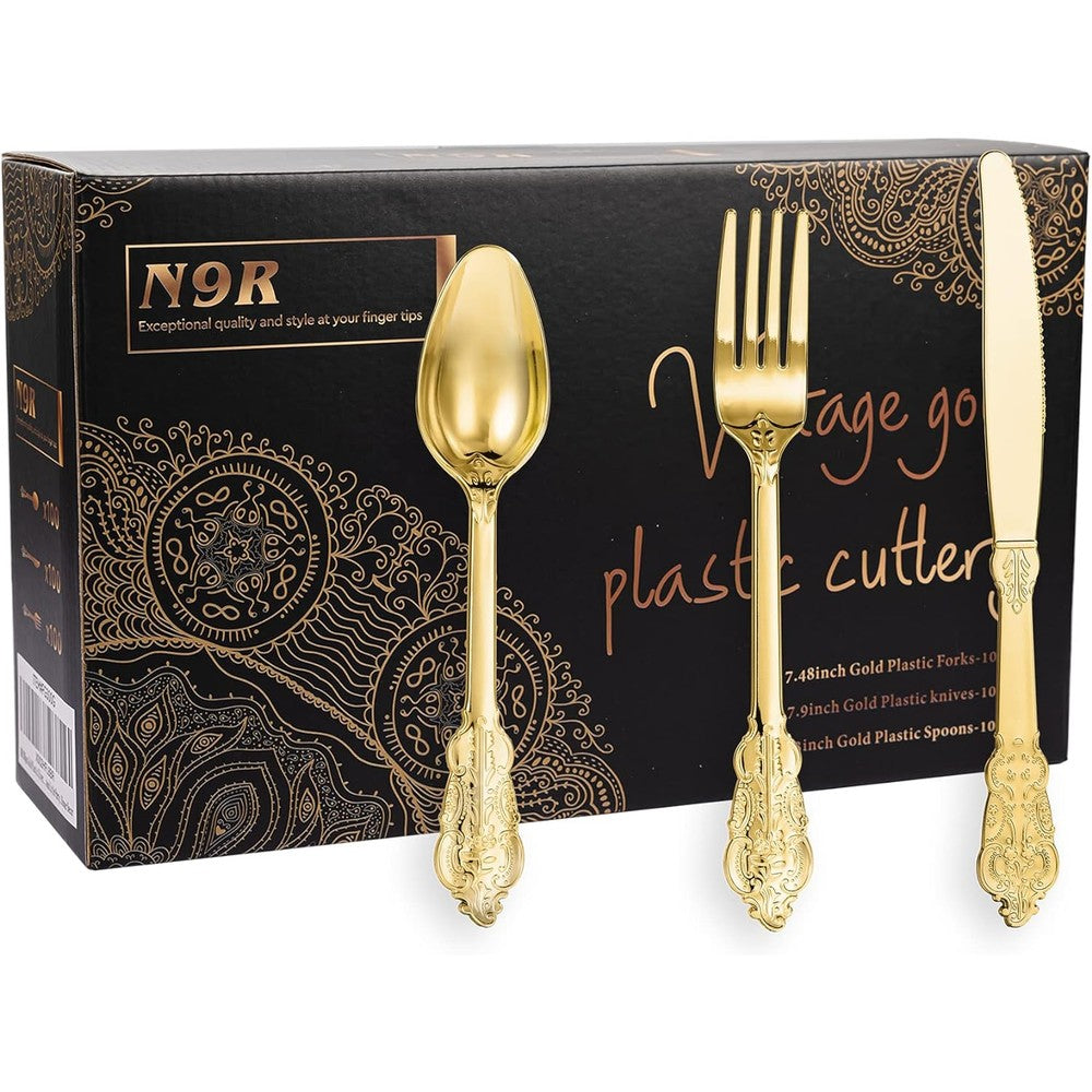 N9R 300 piece gold plastic silverware set front view for elegant party catering.