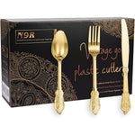 N9R 300 piece gold plastic silverware set front view for elegant party catering.