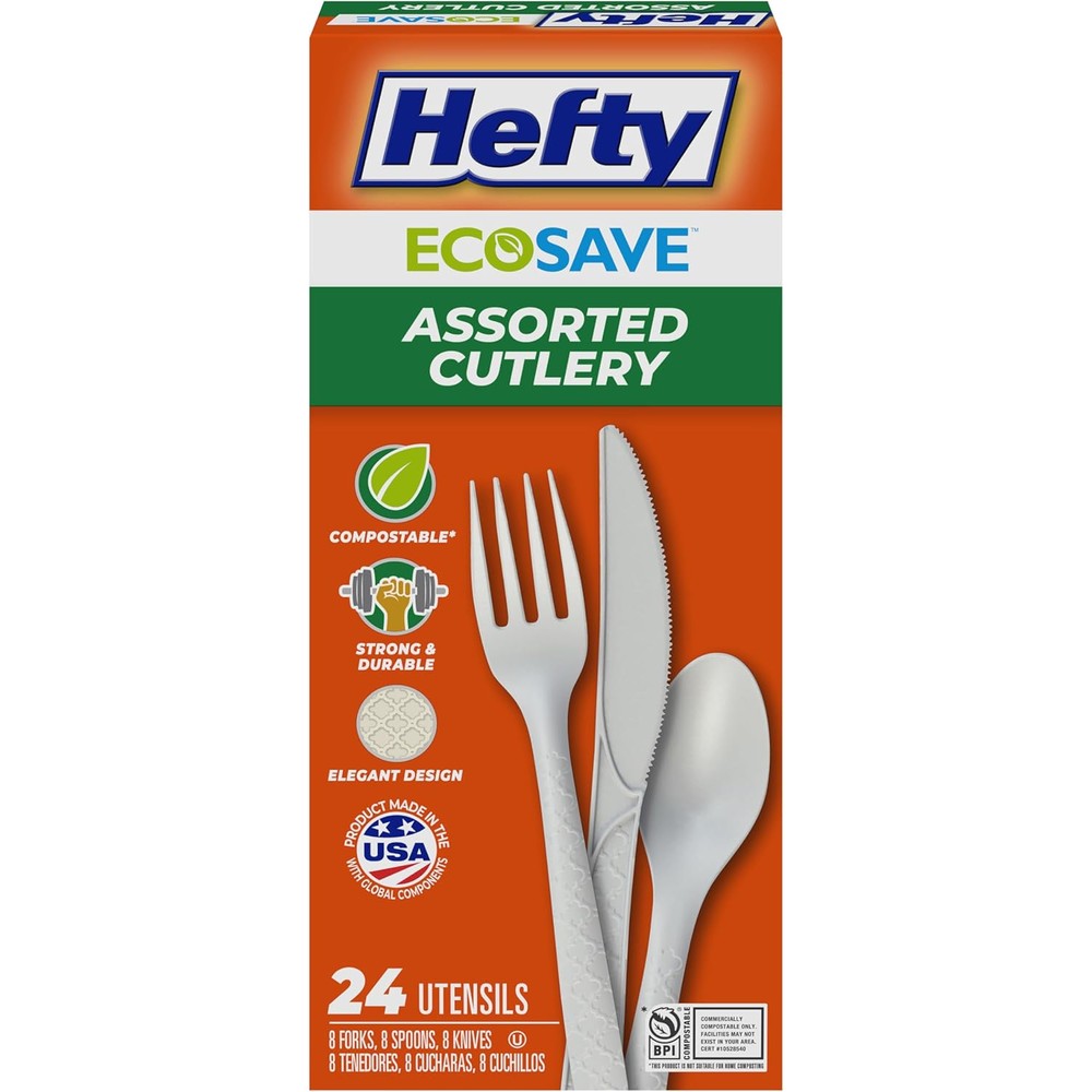 Hefty ECOSAVE compostable assorted cutlery set front view of retail packaging