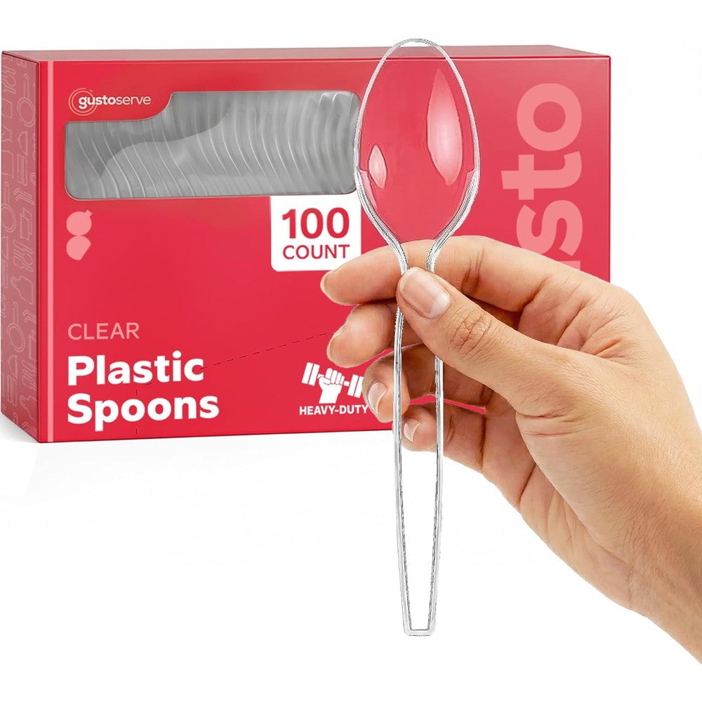 Gusto Heavy Duty Disposable Clear Plastic Spoons 100 count front view of packaging
