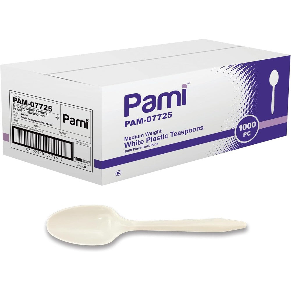 PAMI Bulk Plastic Spoons 1000 count front view in packaging.