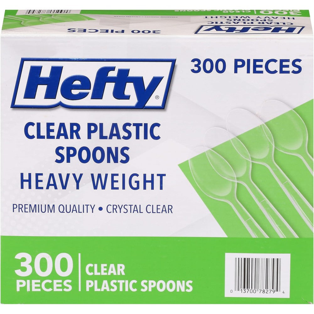 Hefty heavy duty clear plastic spoons bulk pack front view showcasing crystal clear disposable cutlery