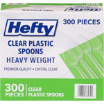 Hefty heavy duty clear plastic spoons bulk pack front view showcasing crystal clear disposable cutlery