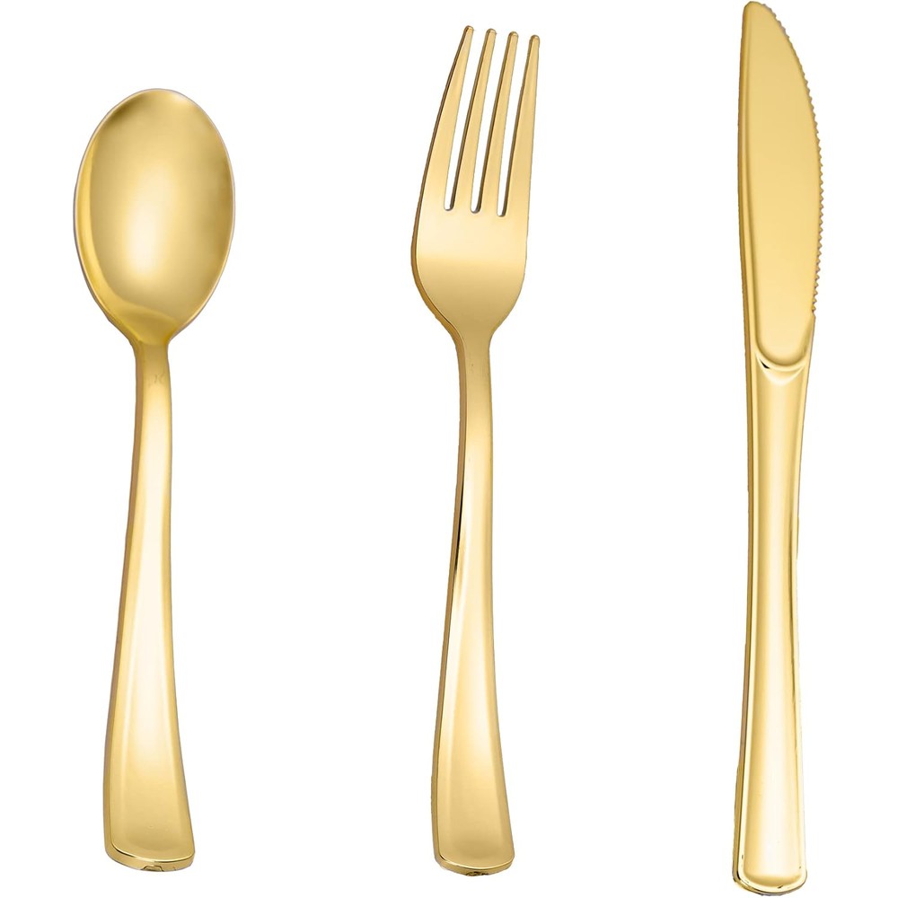 Supernal N9R gold plastic silverware set front view for elegant party dining.