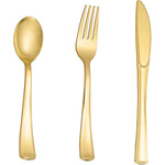 Supernal N9R gold plastic silverware set front view for elegant party dining.