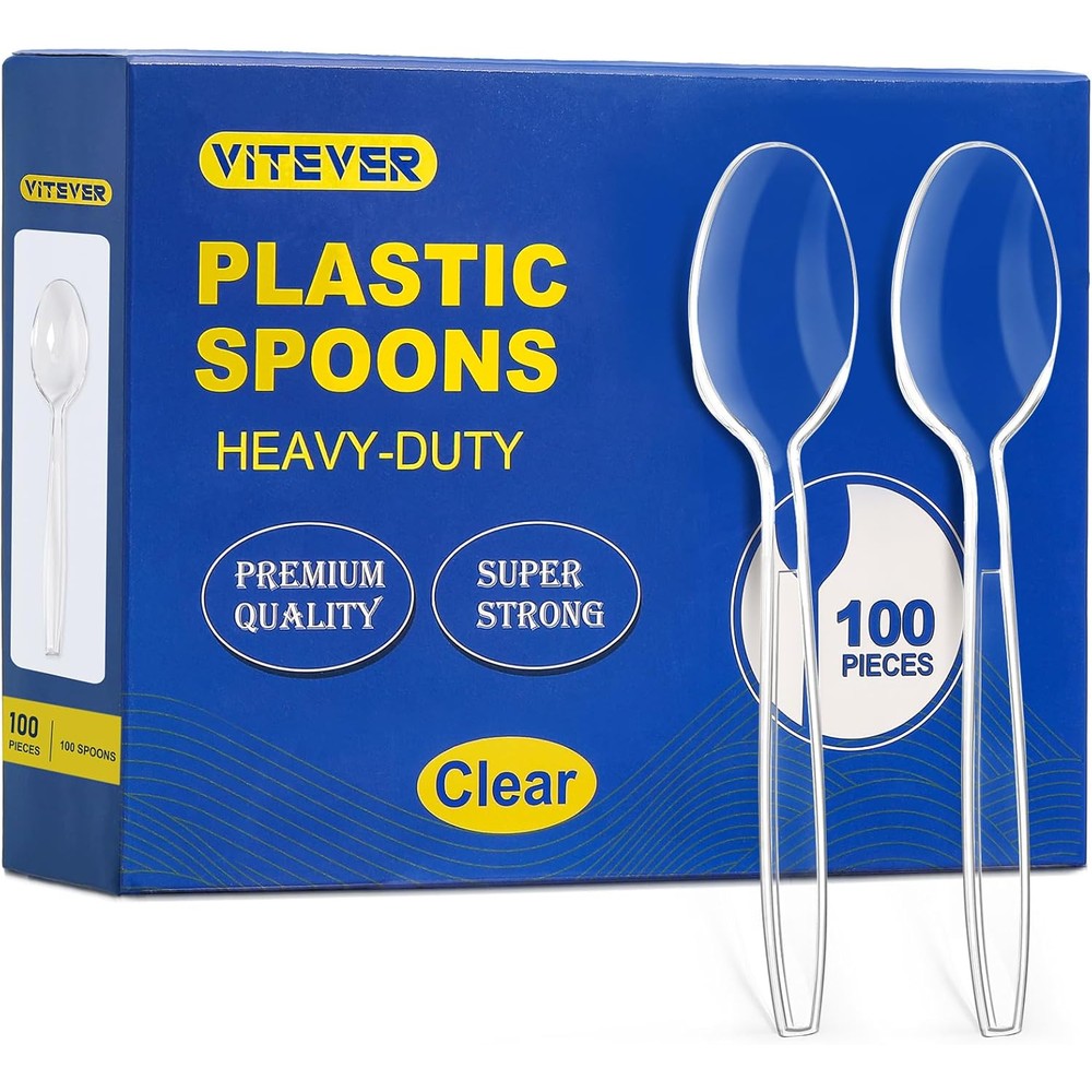 Vitever clear plastic spoons heavy duty front view packaging box