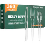 Focusline clear plastic silverware set front view showcasing bulk packaging