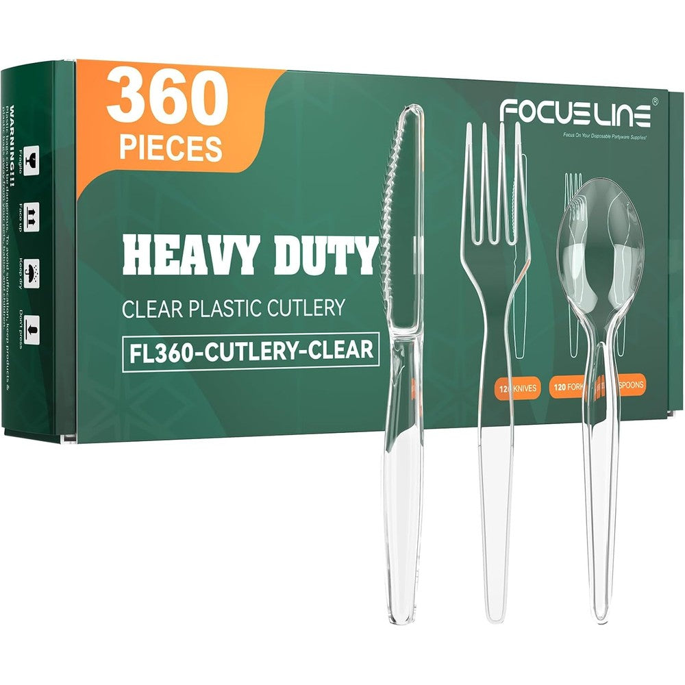 Focusline clear plastic silverware set front view showcasing bulk packaging