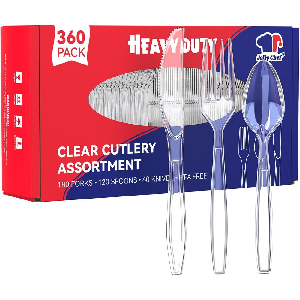 JOLLY CHEF 360 count clear plastic silverware front view of heavy duty disposable forks spoons and knives packaging