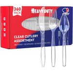 JOLLY CHEF 360 count clear plastic silverware front view of heavy duty disposable forks spoons and knives packaging