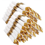Joyido pre rolled gold plastic silverware set front view on dinner table