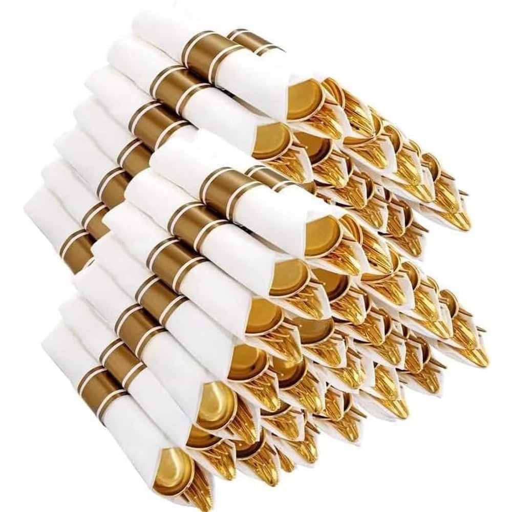 Joyido pre rolled gold plastic silverware set front view on dinner table