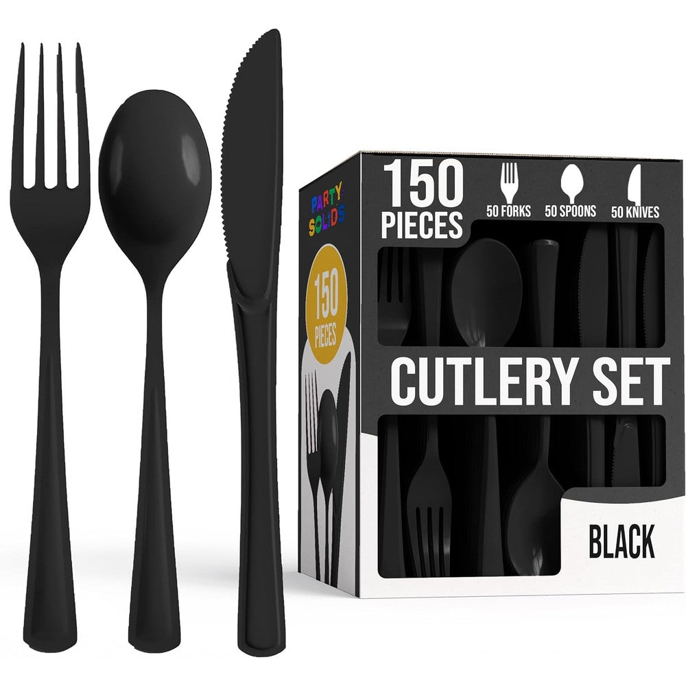 Exquisite Party Solids 150 Piece Black Plastic Silverware set front view for party supplies.