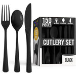 Exquisite Party Solids 150 Piece Black Plastic Silverware set front view for party supplies.