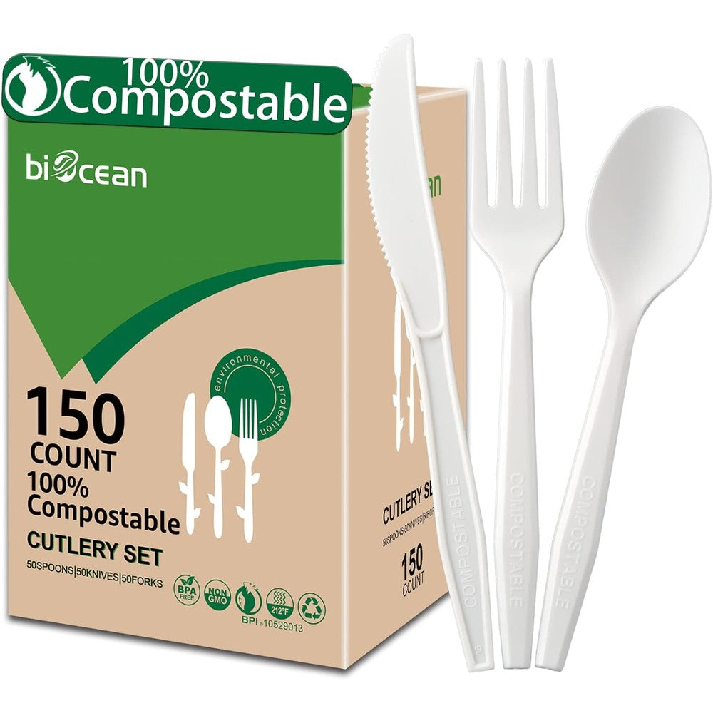 Biocean compostable cutlery set front view showing eco friendly forks spoons and knives