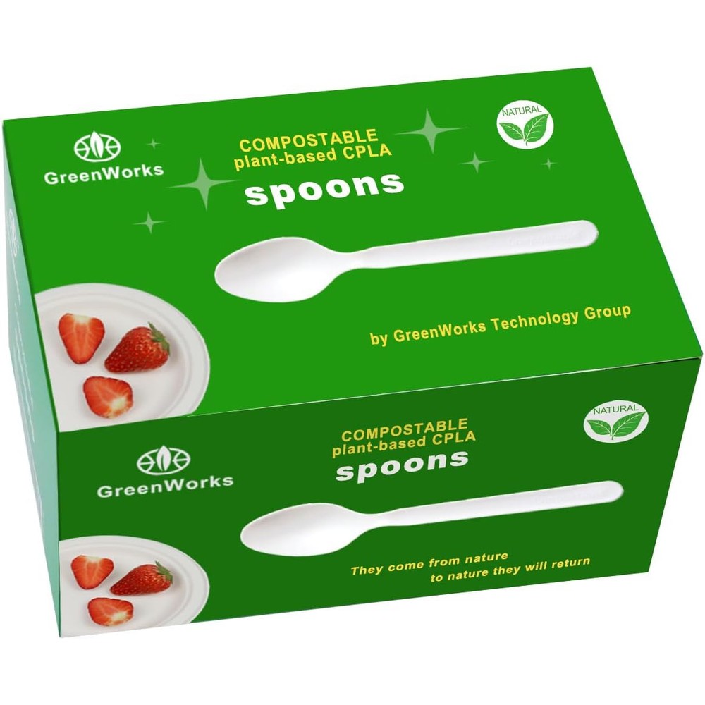 GreenWorks Heavy Duty Compostable Spoons front view 100 count box.