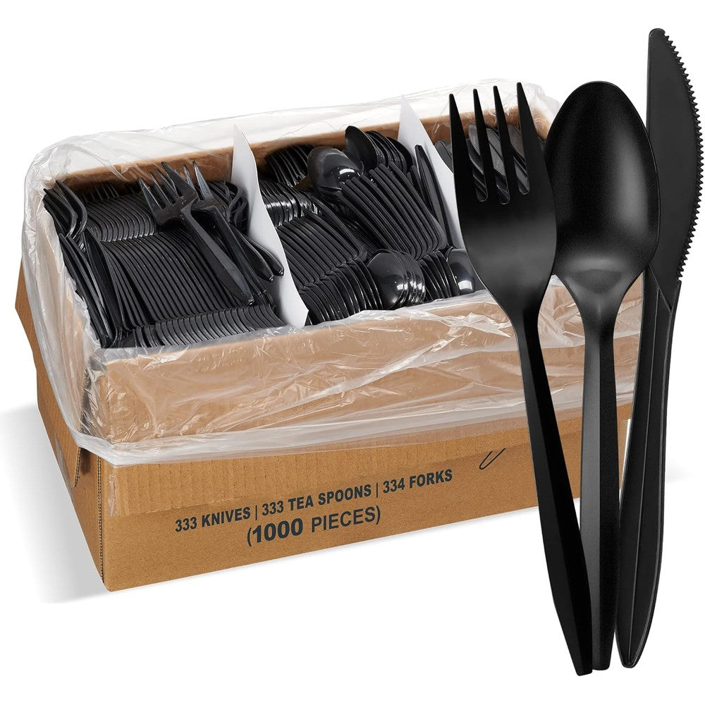 Elegant Disposables plastic cutlery bulk variety pack featuring organized rows of black forks, knives, and soup spoons on a table.