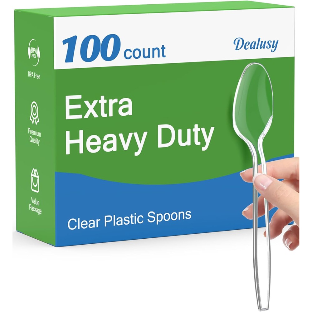 Dealusy clear plastic spoons disposable 100 count front view packaging