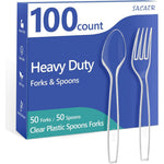 SACATR plastic silverware set front view showing heavy duty forks and spoons