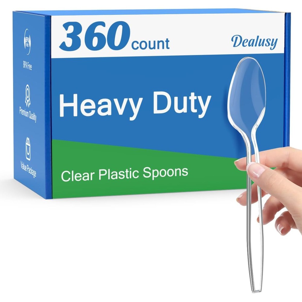 Dealusy 360 count clear plastic spoons front view packaging bulk set