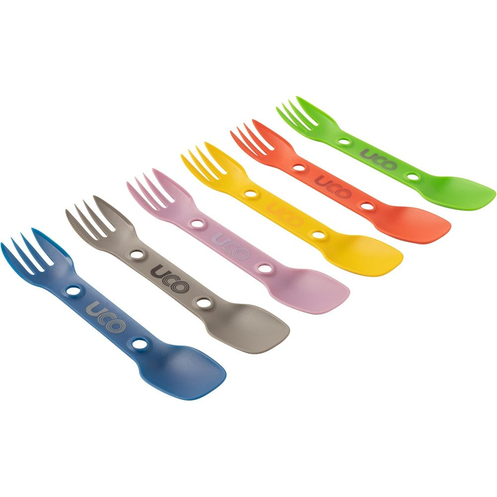 UCO ECO Utility Spork Six Pack front view showcasing various colorful camping utensils.