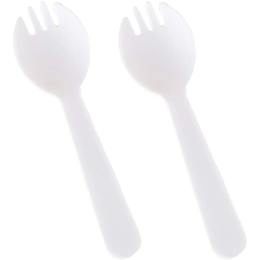 Lasenersm mini plastic sporks pack front view showing white disposable two in one dessert utensils.