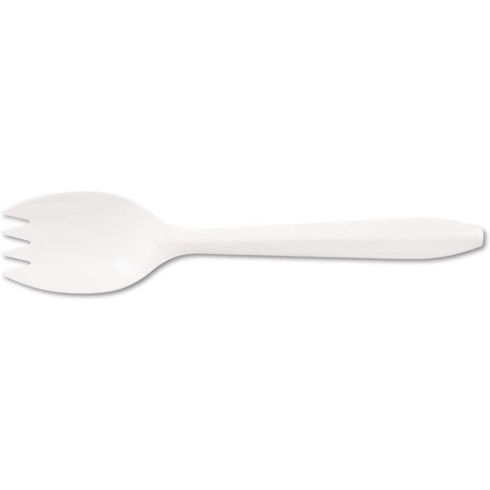 Boardwalk spork mediumweight polypropylene cutlery front view showcasing durable white plastic hybrid design.