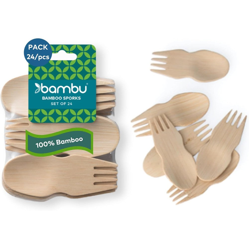 Bambu Veneerware disposable bamboo sporks 24 pack front view packaging