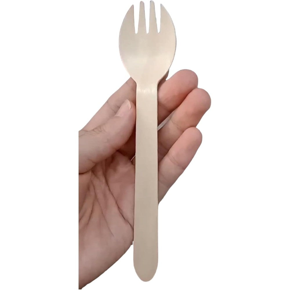 Generic wooden disposable spork 200 pack front view eco friendly catering cutlery