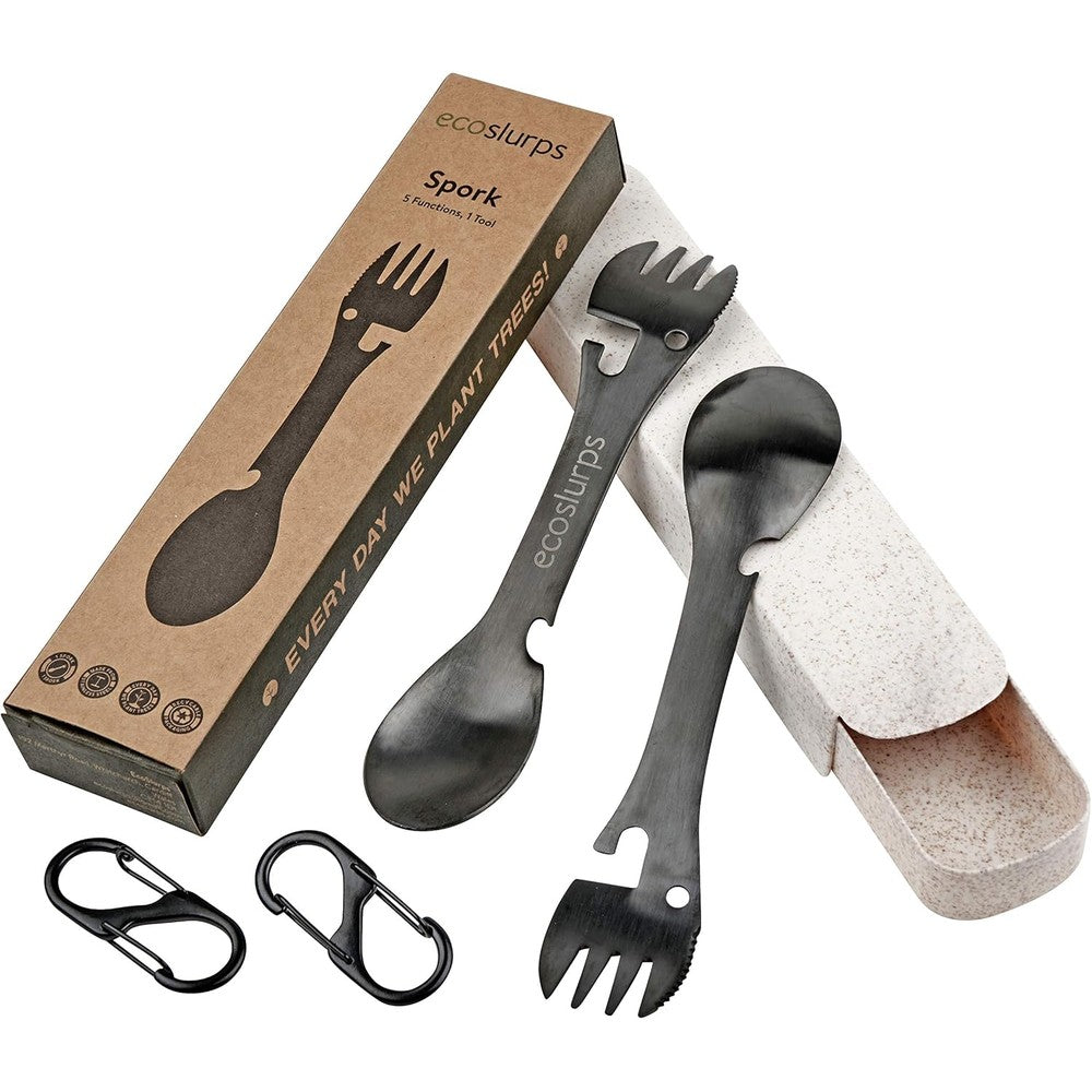 EcoSlurps 2 Spork Travel Cutlery Set front view showing two black titanium-coated stainless steel multi-tools with their eco-friendly wheat straw case