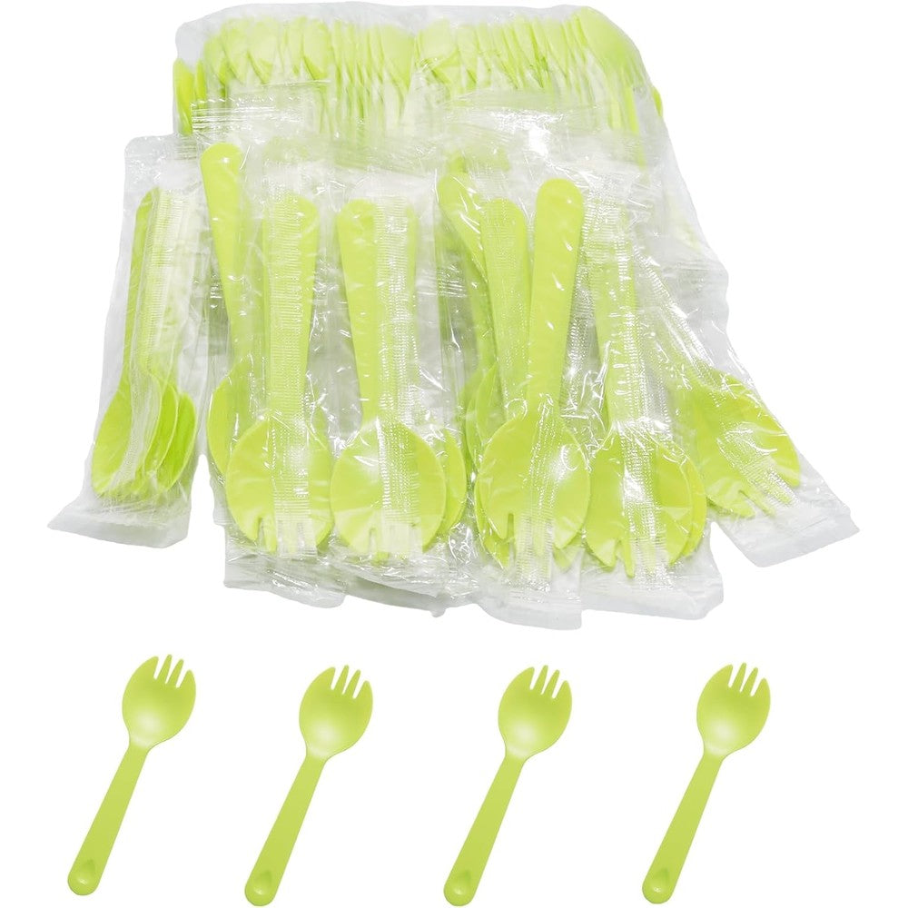 Lilaly disposable plastic sporks front view of green bulk cutlery pack
