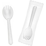 FUEVING mini plastic sporks pack front view showing individually wrapped clear disposable utensils.