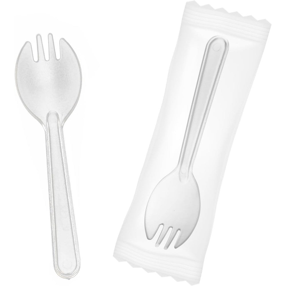FUEVING mini plastic sporks pack front view showing individually wrapped clear disposable utensils.