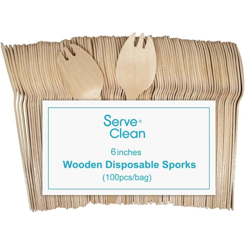 Serve Clean disposable wooden sporks 100 pack front view showcasing eco friendly design.