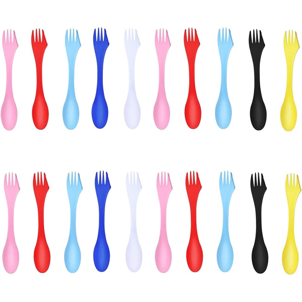 N-KONGJIAN 3 in 1 travel camping sporks twenty pack front view showcasing mixed colors