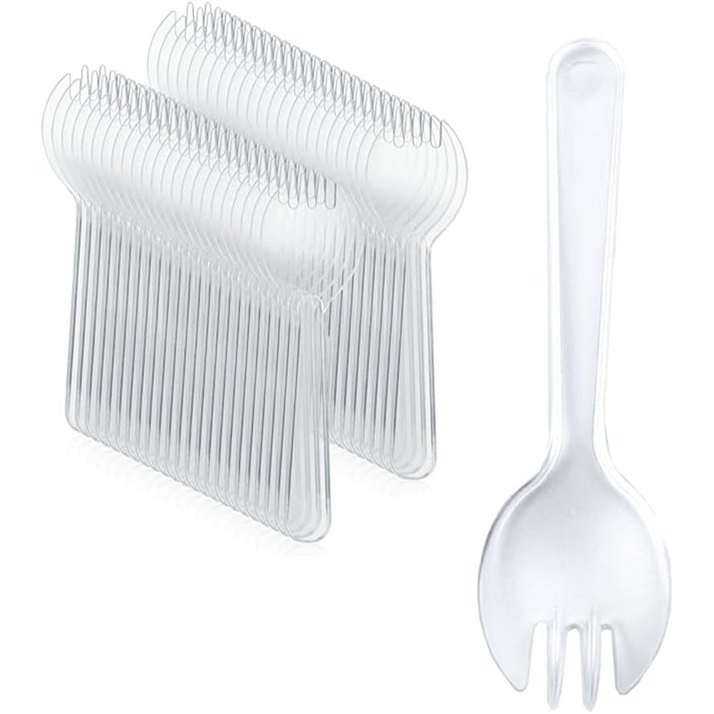 Sliverdew mini disposable sporks 50 pieces front view showing transparent 2-in-1 design.