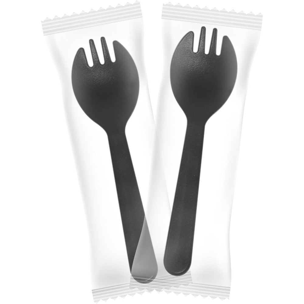 Fueving mini plastic sporks front view showing individual clear wrapping
