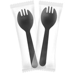 Fueving mini plastic sporks front view showing individual clear wrapping