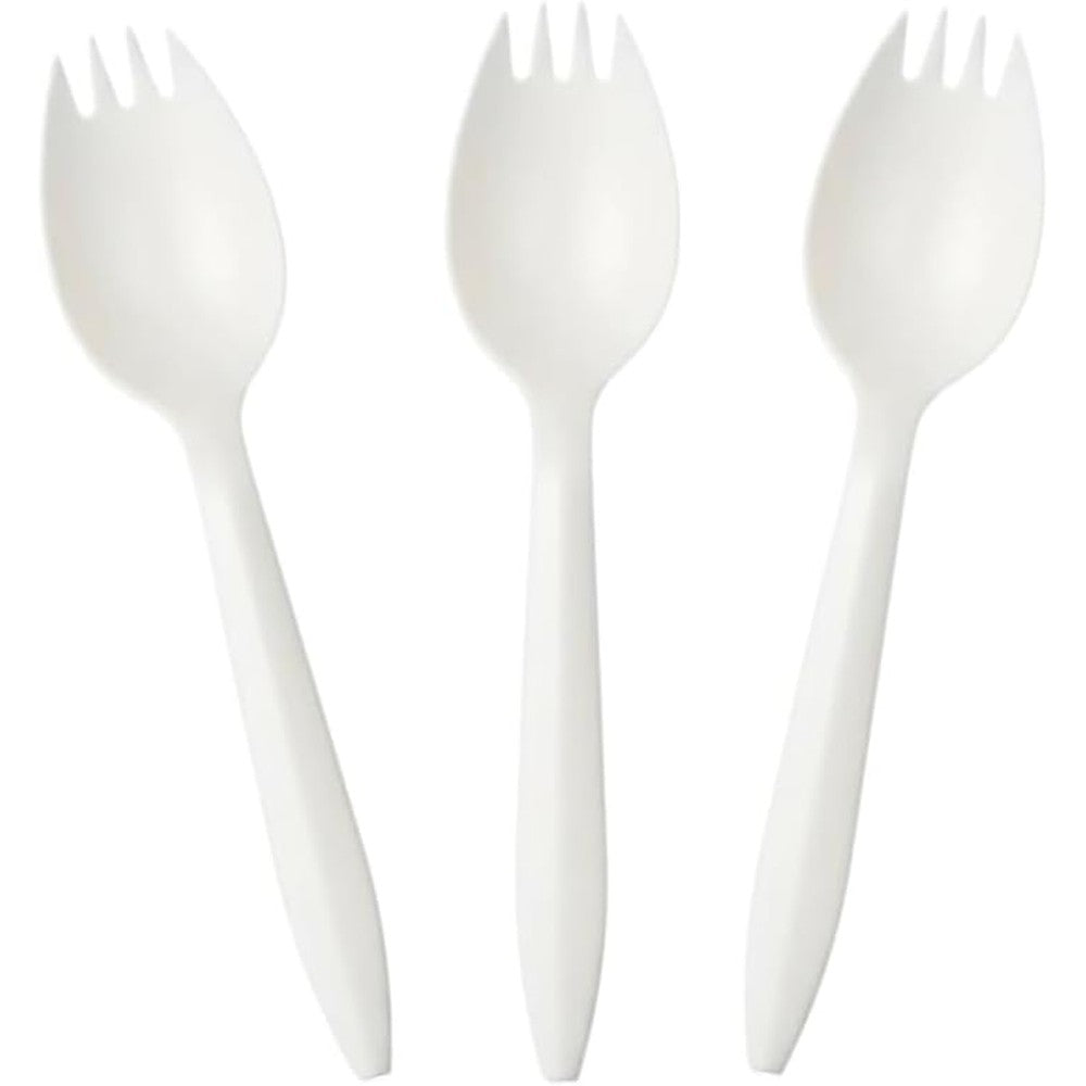 BioGreenChoice Eco Friendly Disposable Sporks front view showcasing premium heavy duty white plant-based material design.